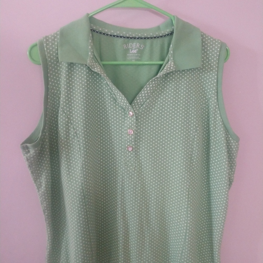 Sleeveless top by LEE green with white polks dots